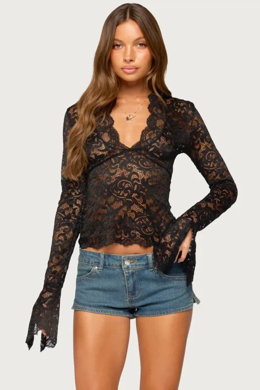 Sheer Lace Bell Sleeve Top made by Edikted