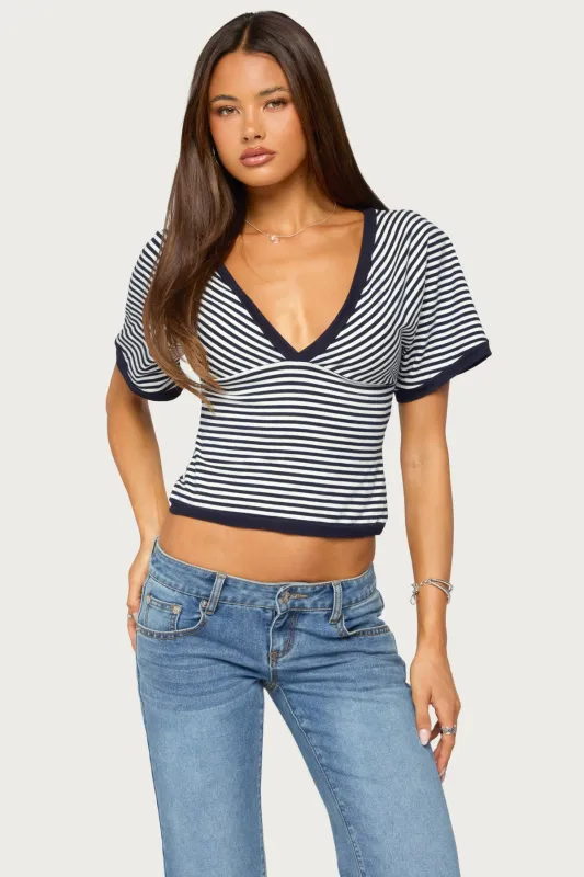Primrosa Striped V Neck Flutter Top made by Edikted