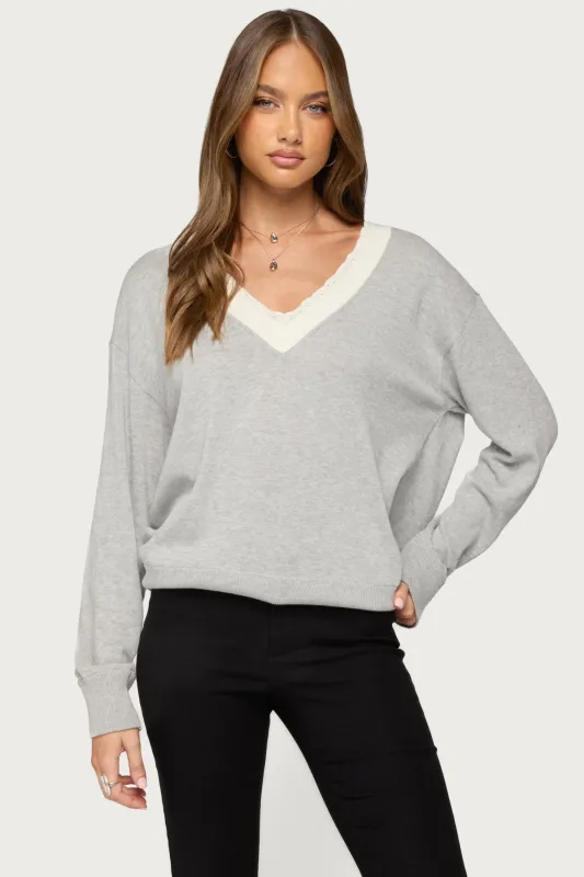 Marie Contrast Lacey V Neck Sweater made by Edikted