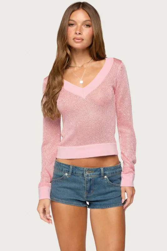 Acey Sequin Shiny Knit V Neck Top made by Edikted