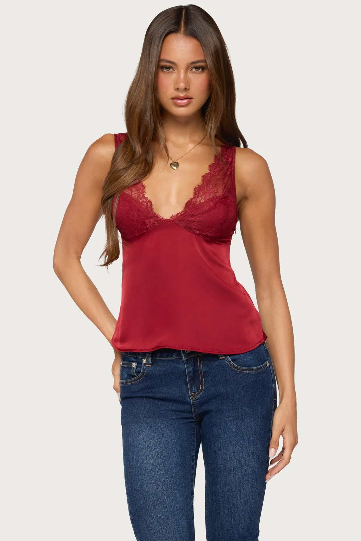 Vikkey Lacey Satin Effect Tank Top sold by Edikted