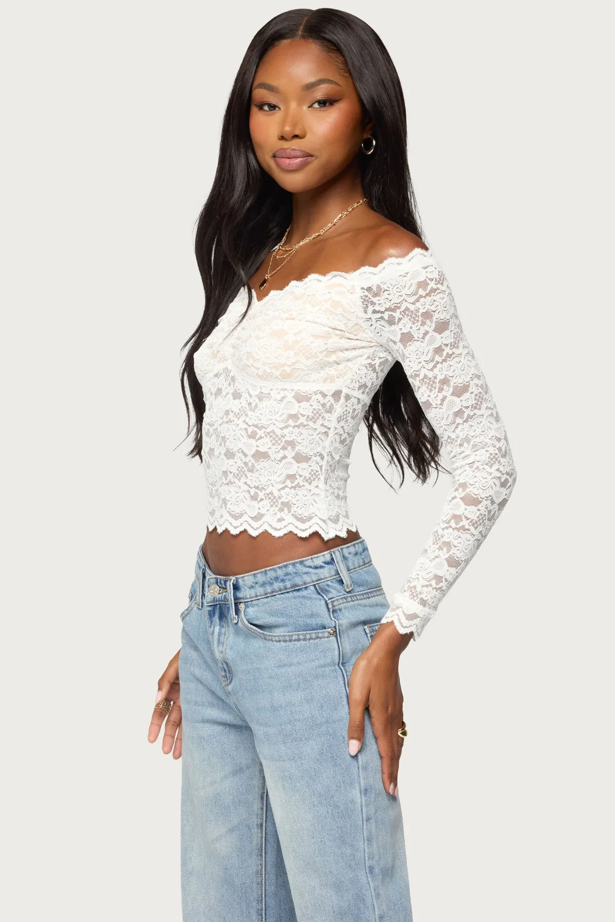 Thaia Sheer Lace Long Sleeve Top sold by Edikted product image thumbnail 3