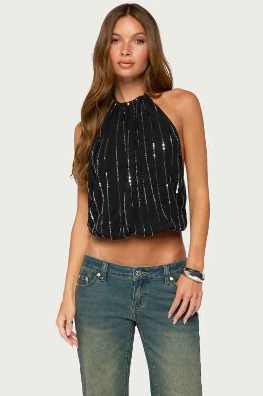 Neala Backless Sequin Chiffon Halter Top made by Edikted