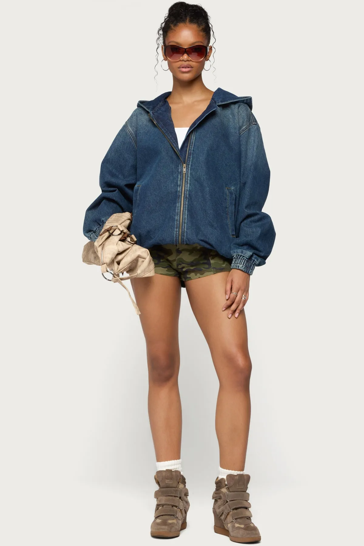 Hooded Vintage Washed Denim Bomber Jacket sold by Edikted product image thumbnail 2