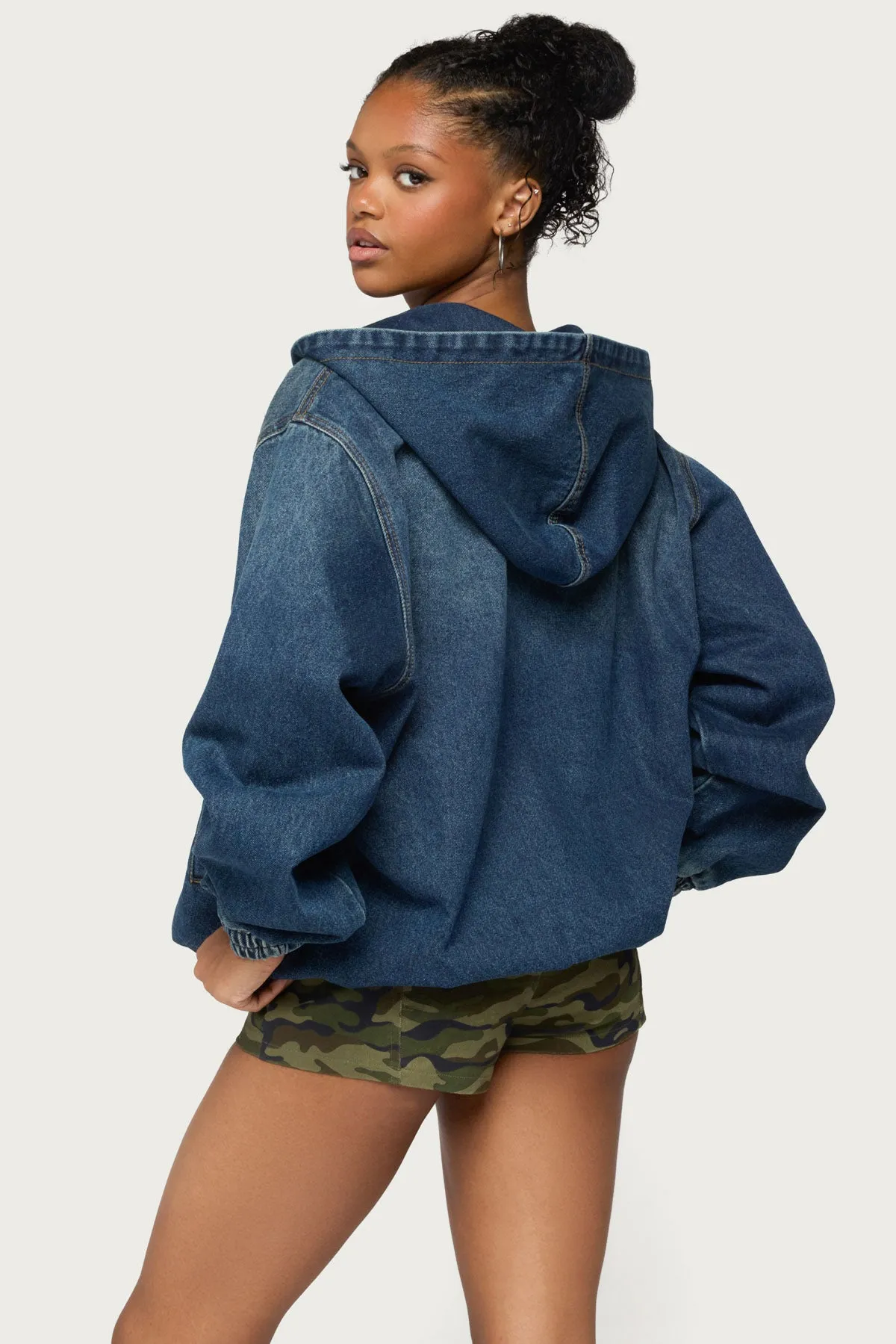 Hooded Vintage Washed Denim Bomber Jacket sold by Edikted product image thumbnail 4