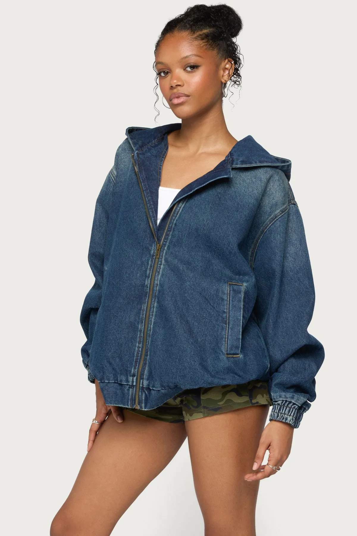 Hooded Vintage Washed Denim Bomber Jacket sold by Edikted product image thumbnail 3