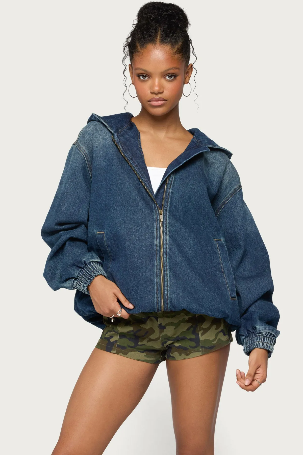 Hooded Vintage Washed Denim Bomber Jacket sold by Edikted