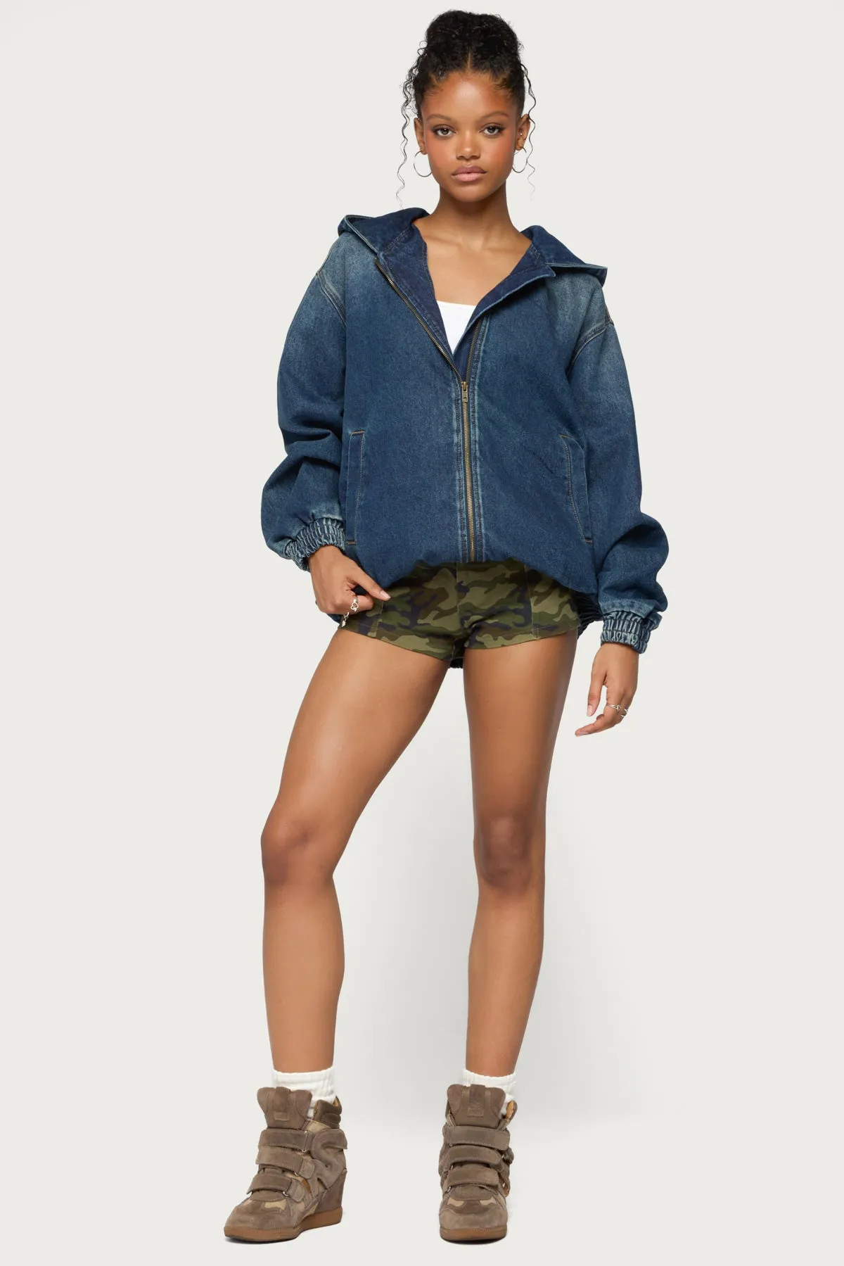Hooded Vintage Washed Denim Bomber Jacket sold by Edikted product image thumbnail 5