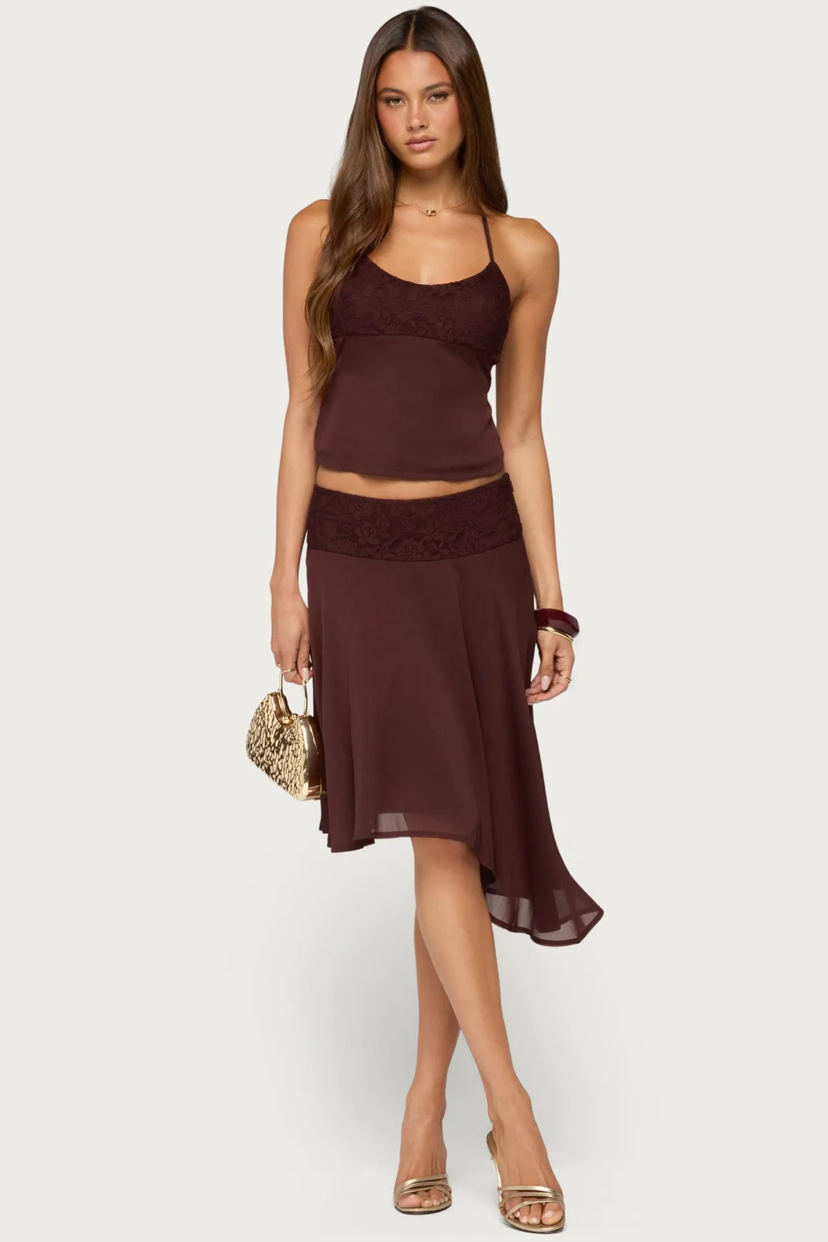 Evia Lacey Asymmetric Midi Skirt sold by Edikted