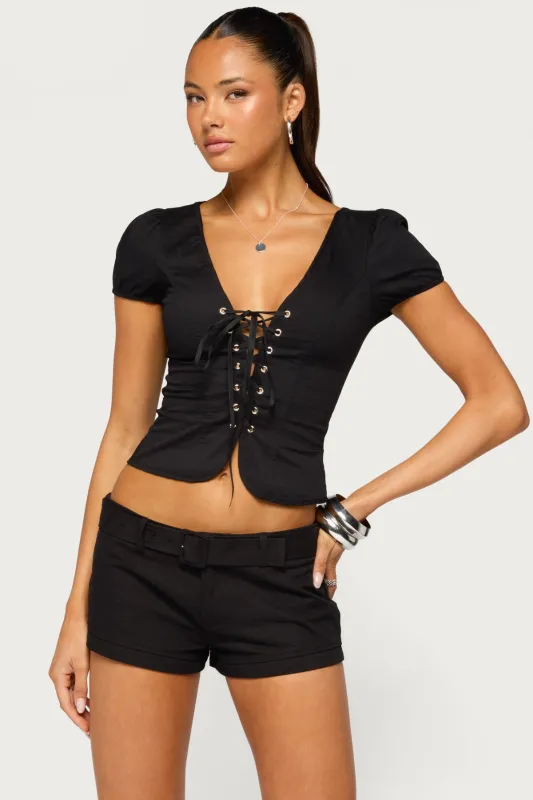 Kyleigh Puff Sleeve Lace Tie Top made by Edikted