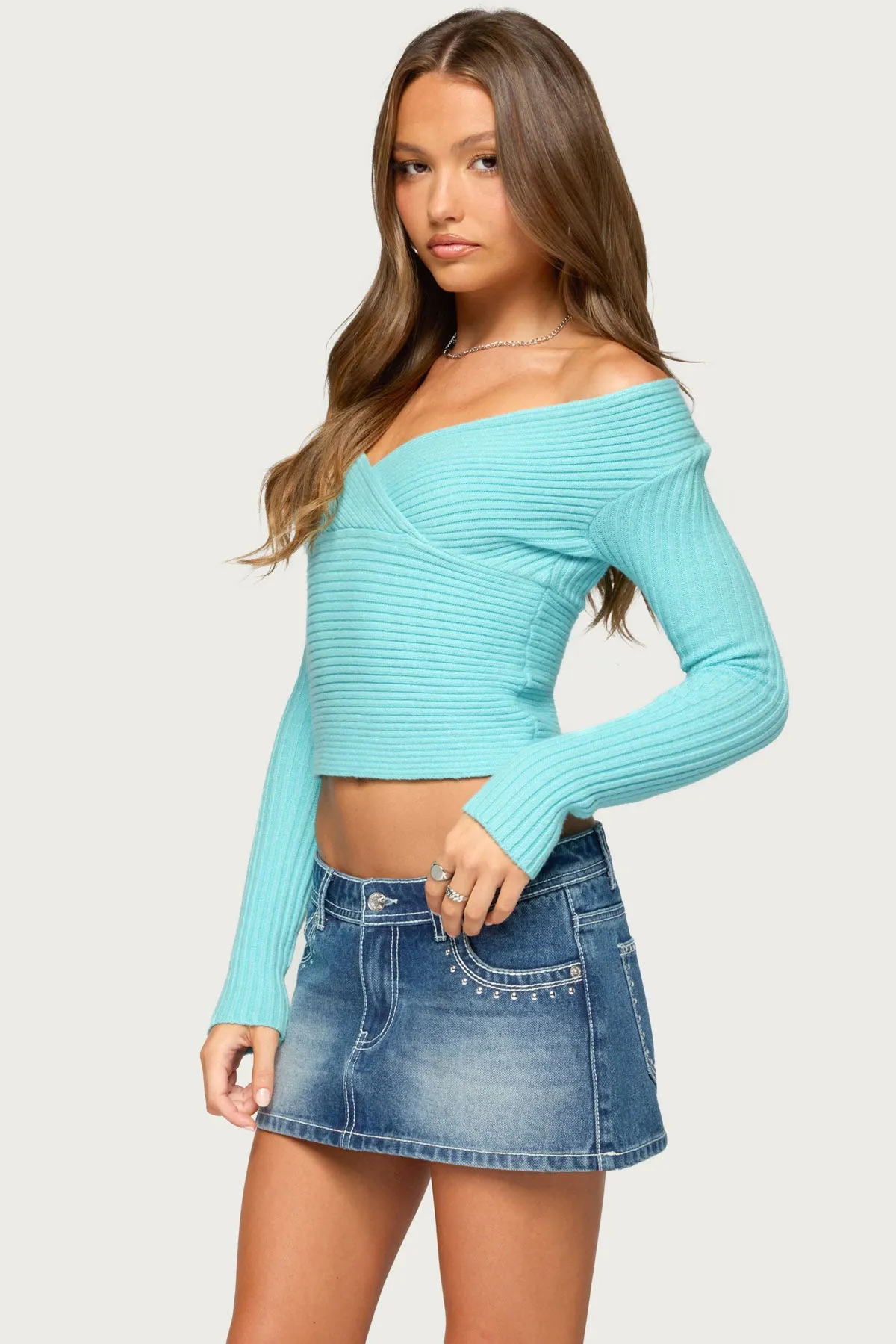 Bealey Off Shoulder Ribbed Wrap Sweater sold by Edikted product image thumbnail 3