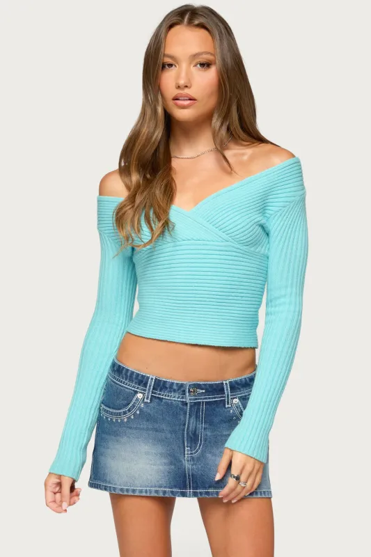 Bealey Off Shoulder Ribbed Wrap Sweater made by Edikted