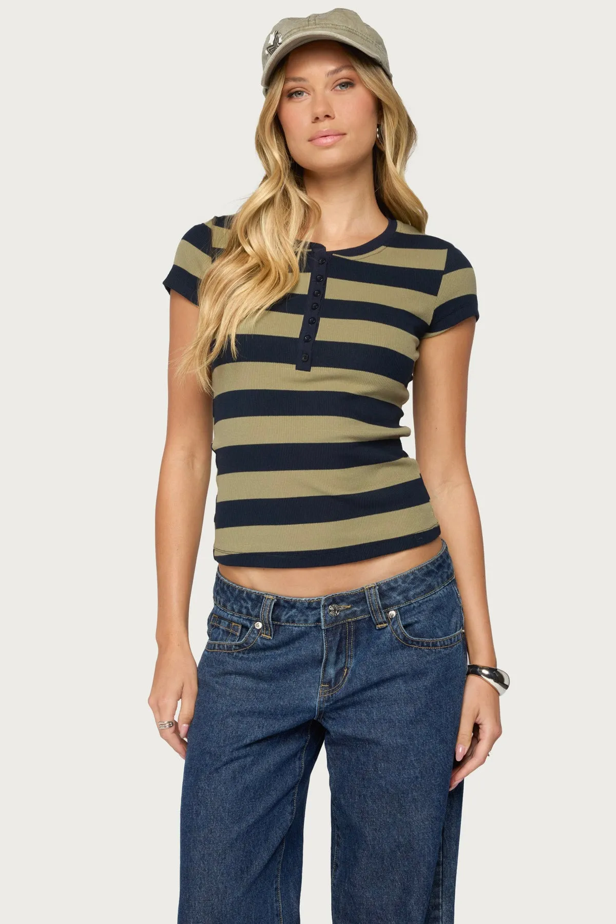 Rhianon Striped Henley Top sold by Edikted