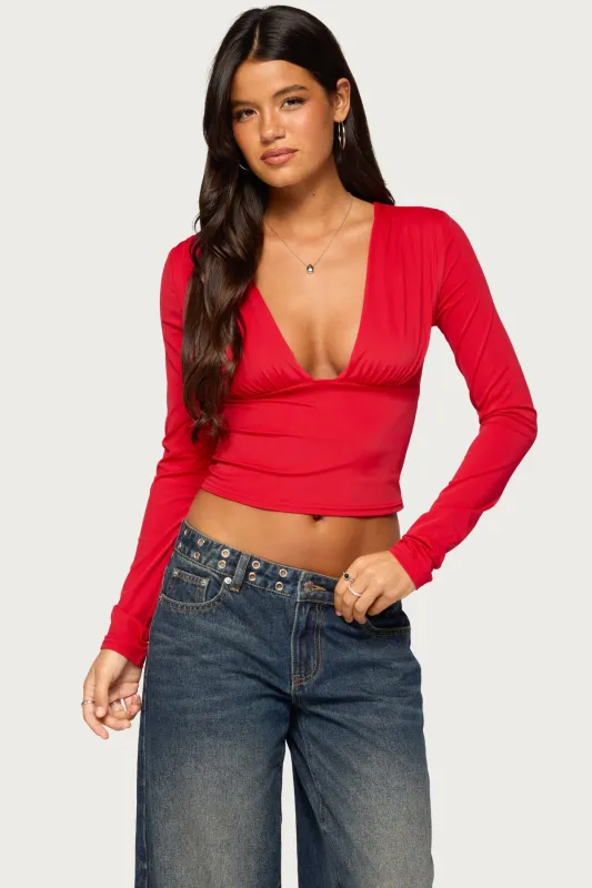 Melly Long Sleeve Plunging V Neck Top made by Edikted