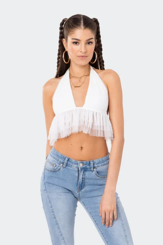 Paola Halter Mesh Ruffle Top sold by Edikted
