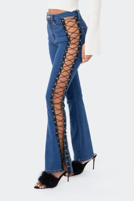 Jolee Lace-Up Jeans sold by Edikted
