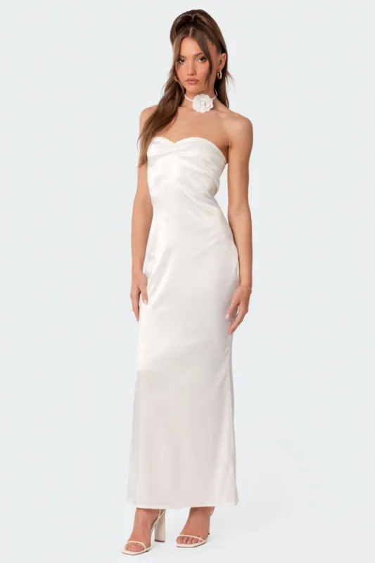 Serenity Satin Back Slit Maxi Dress sold by Edikted