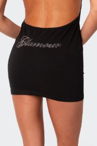 Glamour Rhinestone Open Back Mini Dress sold by Edikted