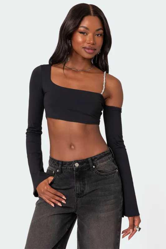 Rhinestone Strap Asymmetric Crop Top sold by Edikted