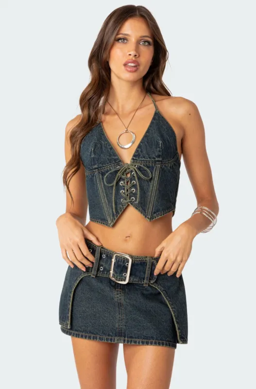 Elara Washed Denim Lace Up Corset sold by Edikted