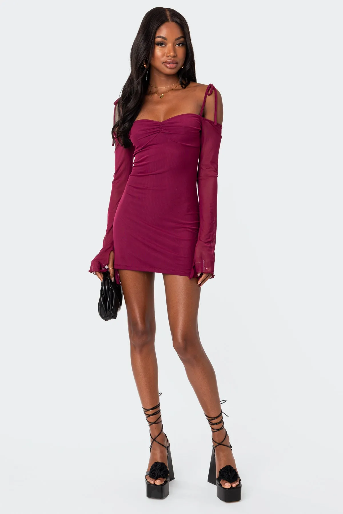Ariel Off Shoulder Mesh Mini Dress sold by Edikted