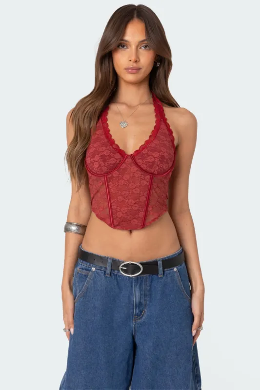 Chica Lace Halter Corset sold by Edikted