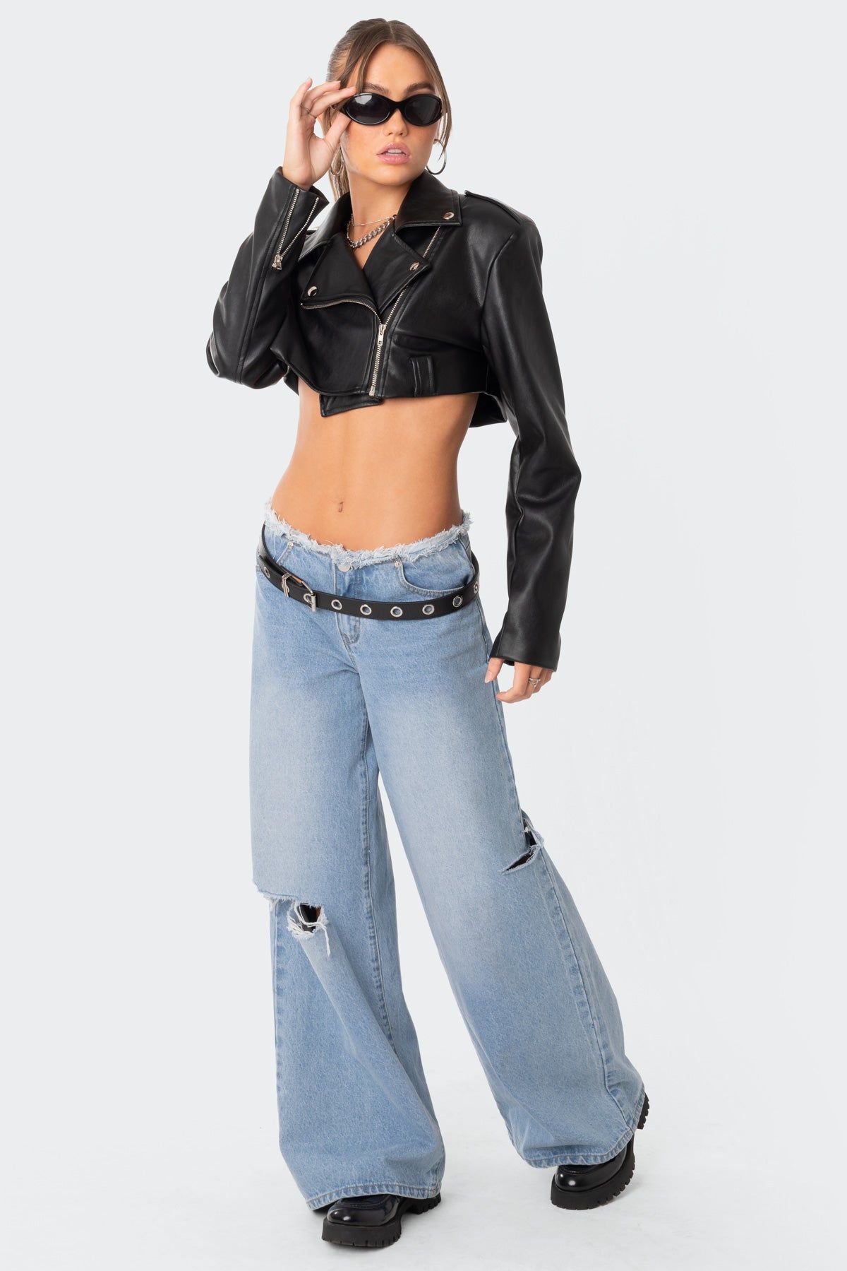 Fiona Cropped Faux Leather Biker Jacket sold by Edikted product image thumbnail 4