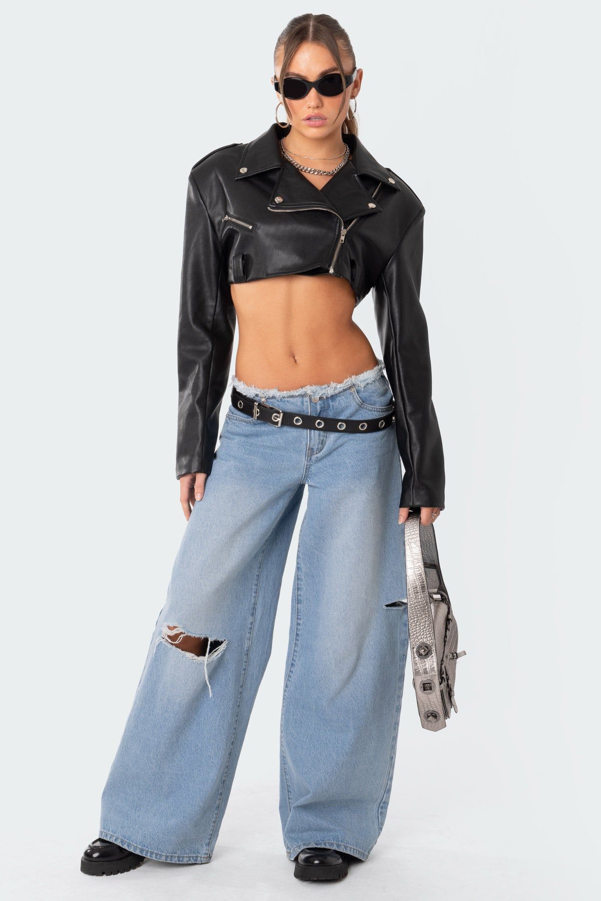 Fiona Cropped Faux Leather Biker Jacket sold by Edikted