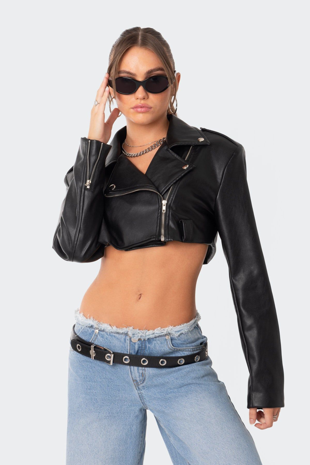 Fiona Cropped Faux Leather Biker Jacket sold by Edikted product image thumbnail 2