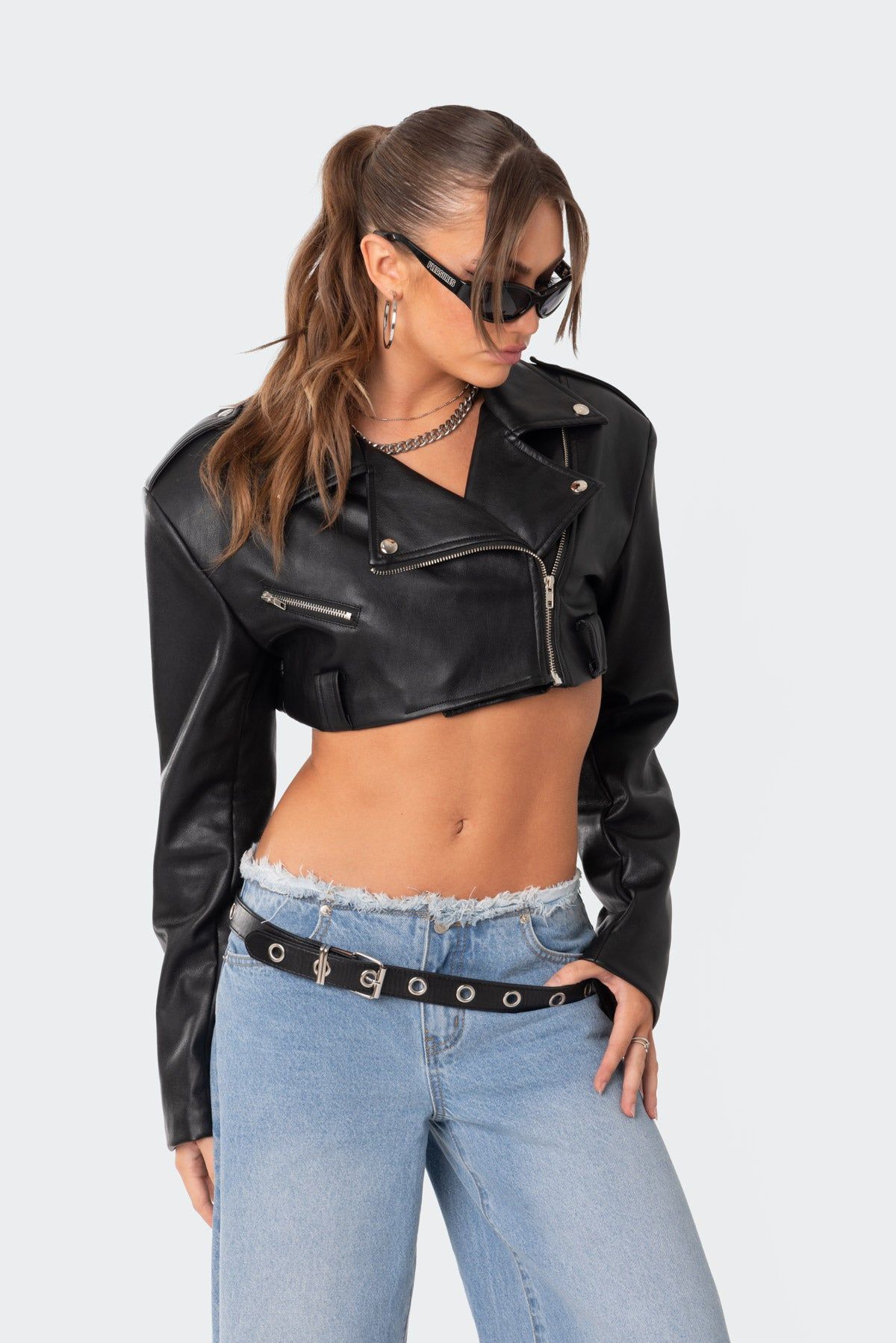 Fiona Cropped Faux Leather Biker Jacket sold by Edikted product image thumbnail 3