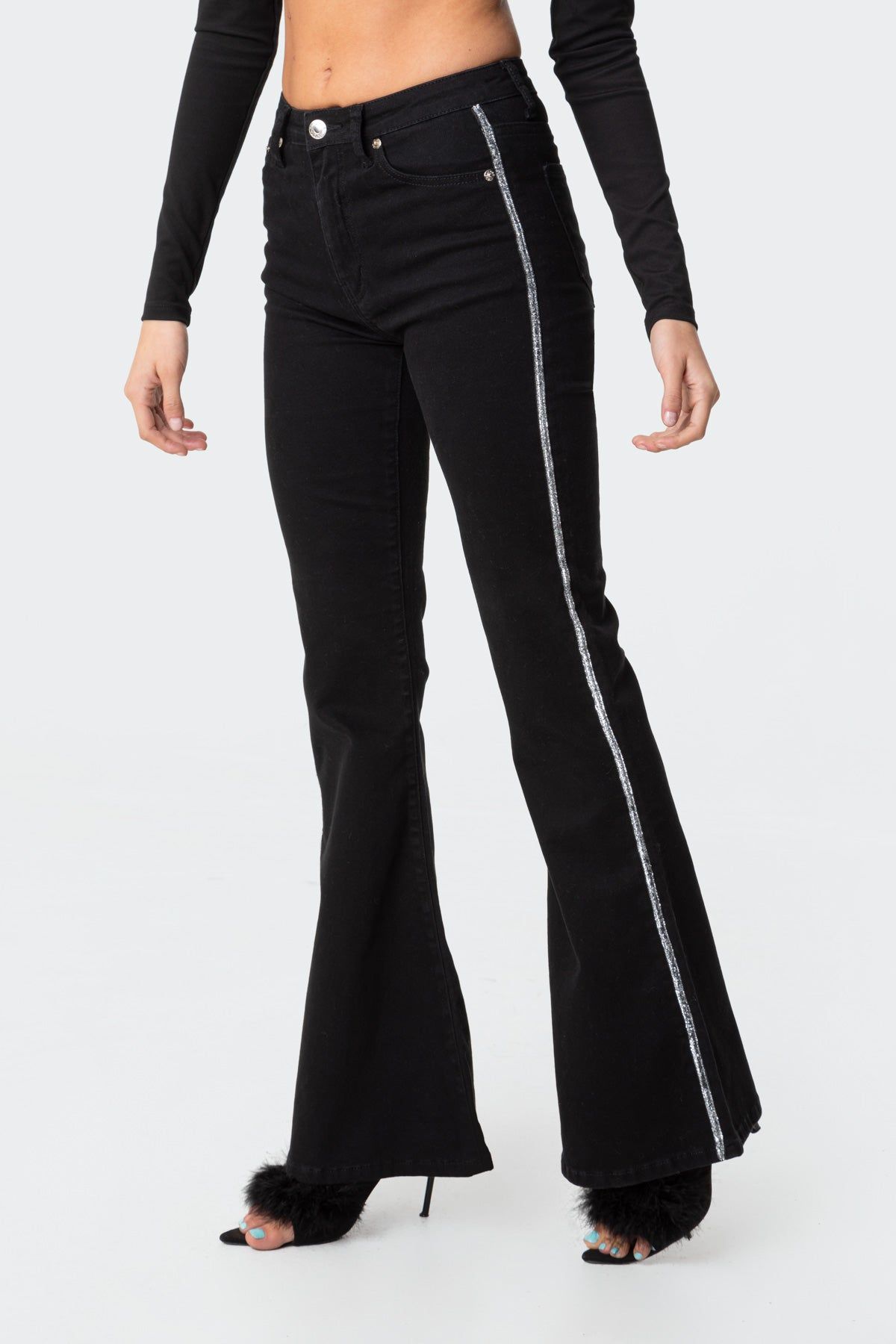 Silver Stripe Flared Jeans sold by Edikted