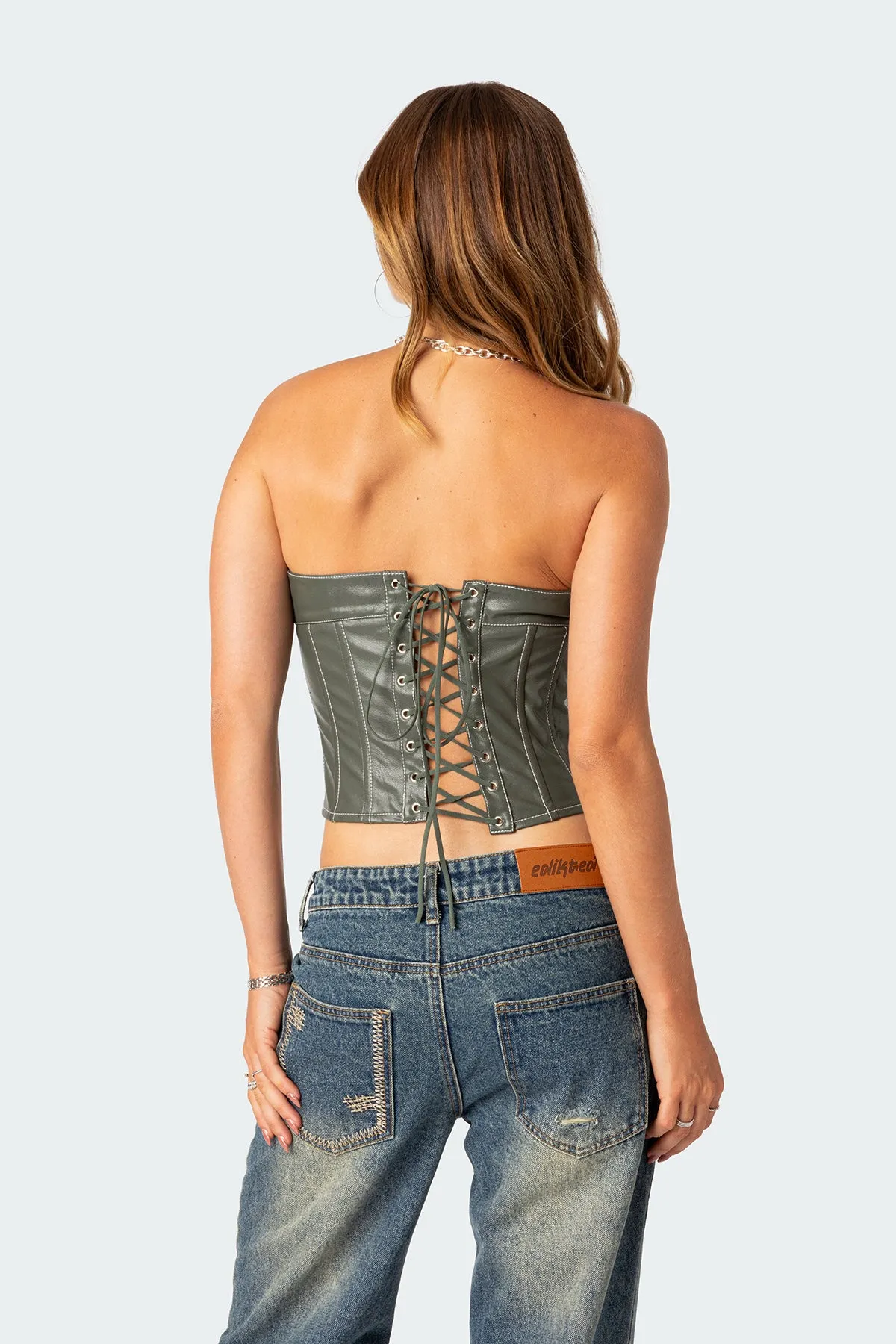 Moss Faux Leather Lace Up Corset sold by Edikted product image thumbnail 4