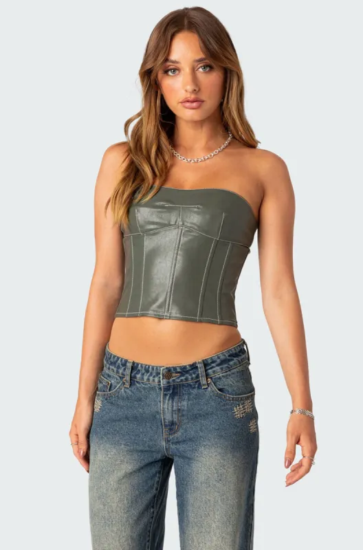 Moss Faux Leather Lace Up Corset sold by Edikted