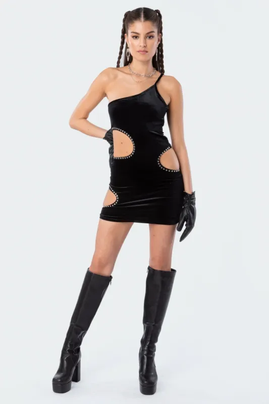 One Shoulder Velvet Cut-Out Dress sold by Edikted