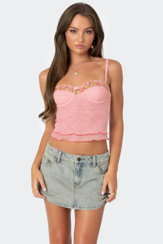 Embroidered Mesh Bra Top sold by Edikted