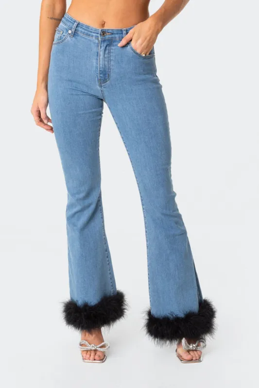 Britney Faux Fur Flared Jeans sold by Edikted