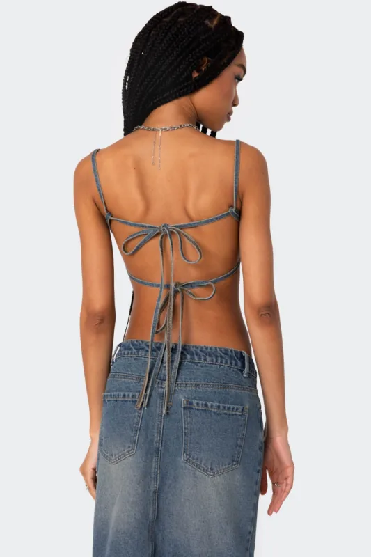 Lassy Washed Denim Bralette sold by Edikted