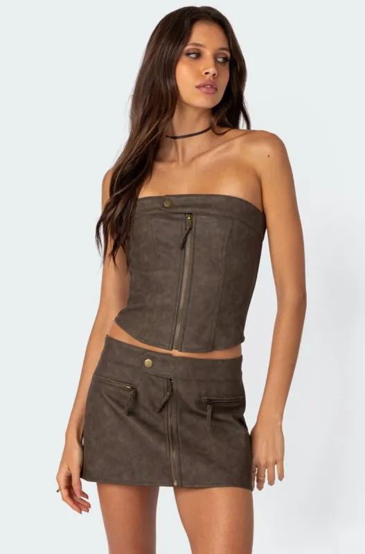 Ziva Faux Leather Lace Up Corset sold by Edikted
