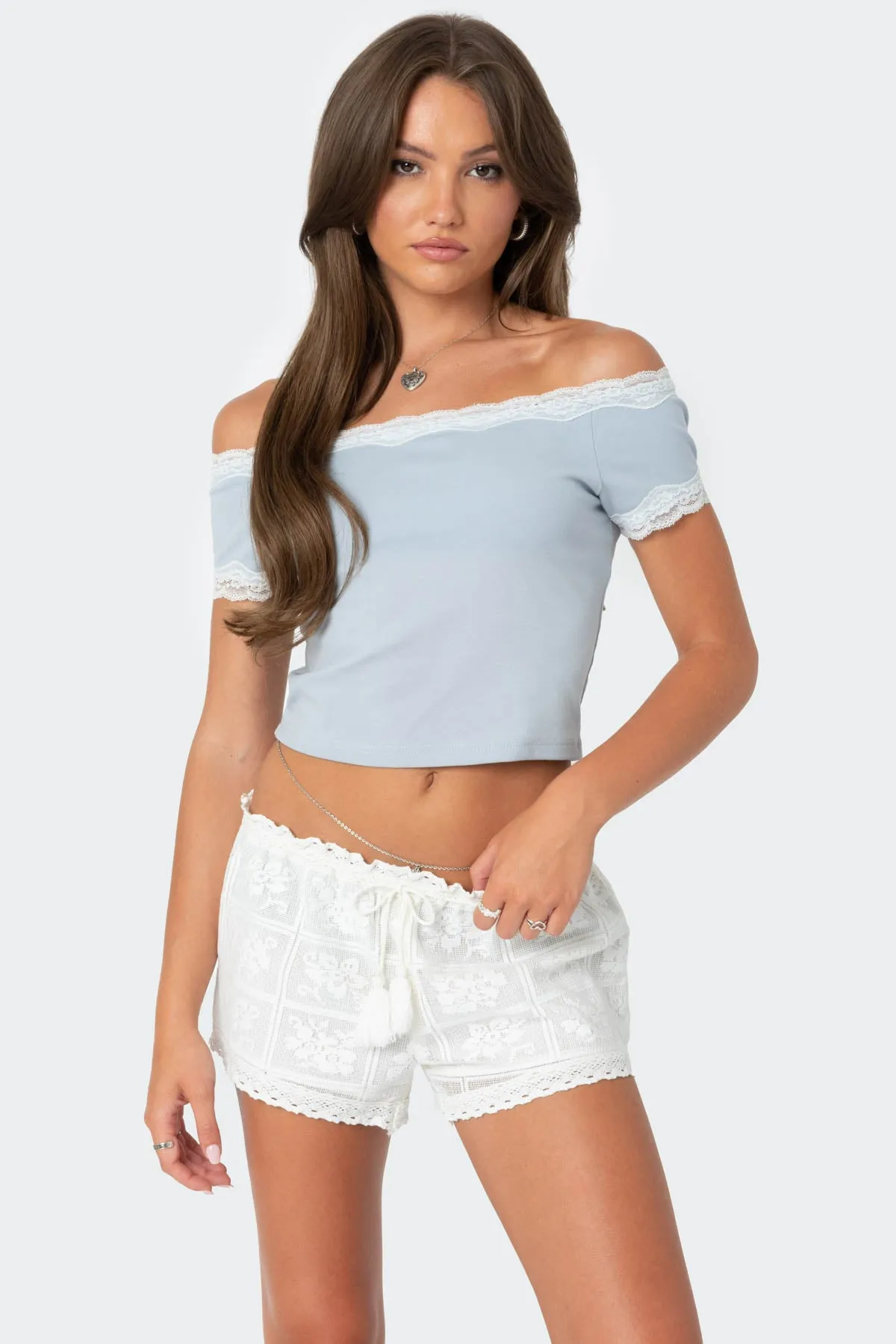 Lace Trim Off Shoulder Top sold by Edikted