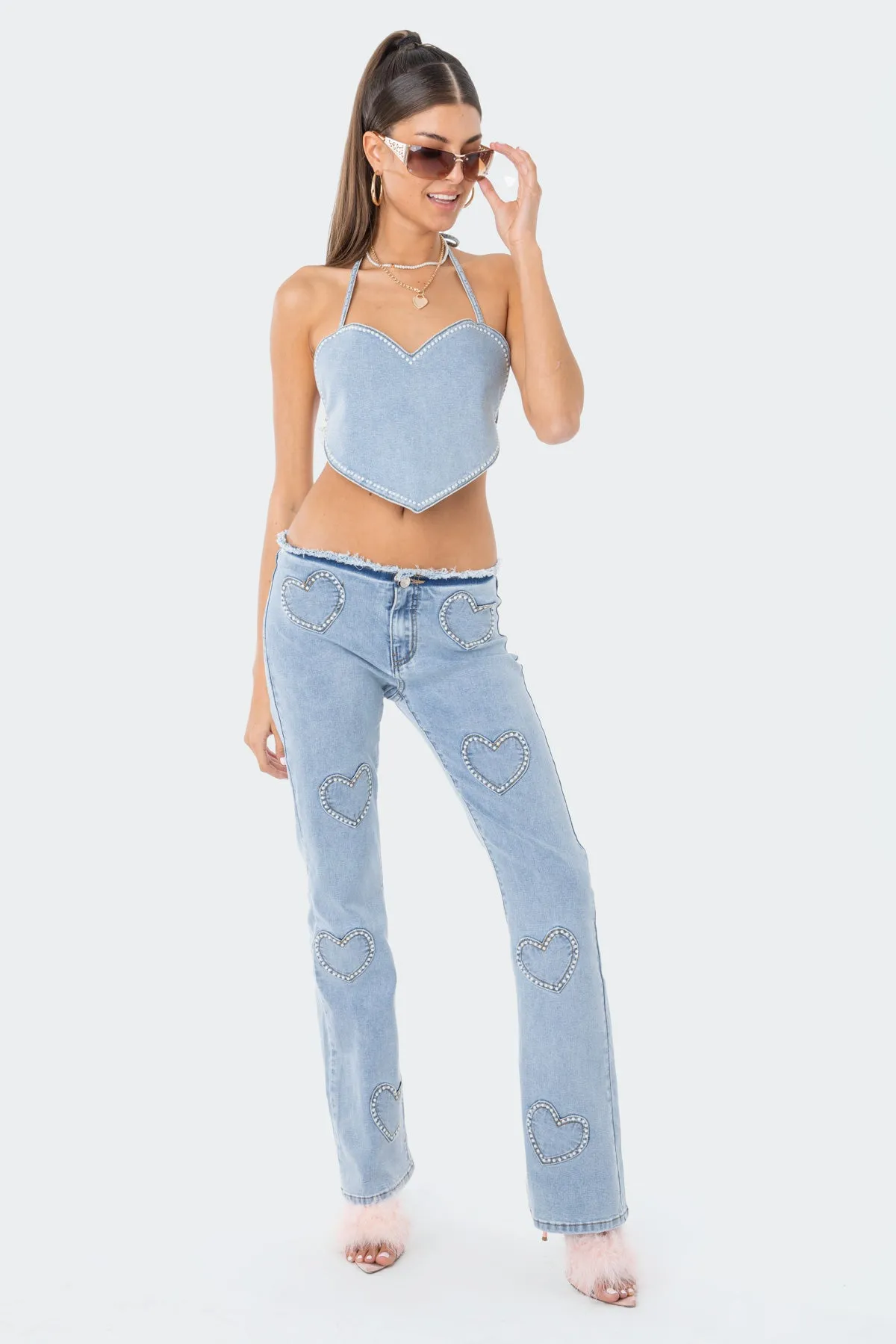 Pearly Heart Low-Rise Jeans sold by Edikted