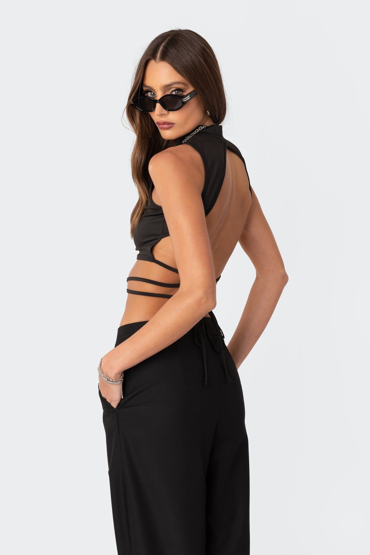 Jovie High Neck Open Back Tie Top sold by Edikted