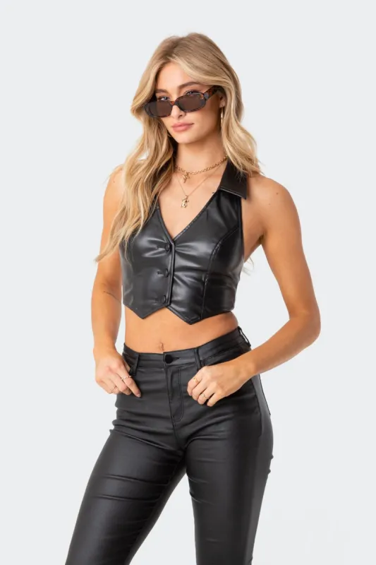 Pu Open-Back Vest Top sold by Edikted