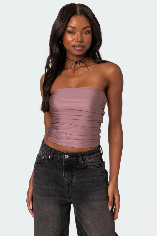 Maxeen Shiny Gathered Tube Top sold by Edikted