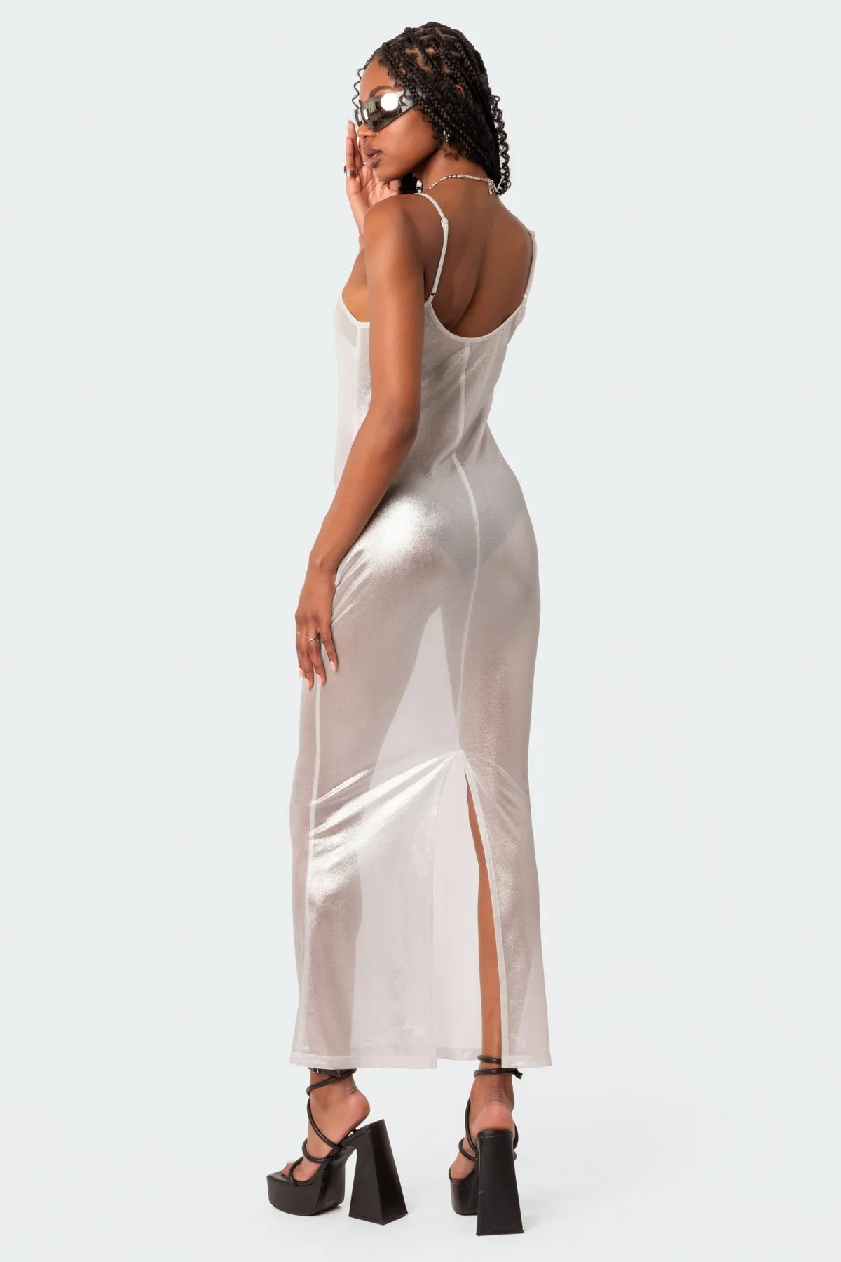 Nyla Sheer Glittery Back Slit Maxi Dress sold by Edikted product image thumbnail 5