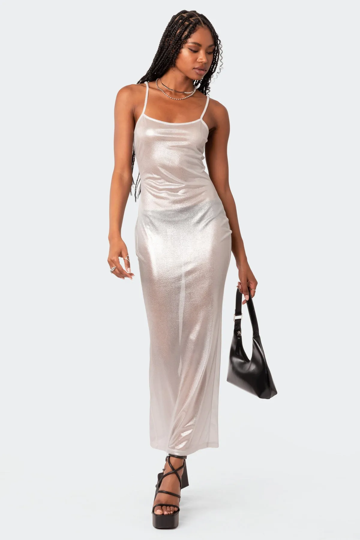 Nyla Sheer Glittery Back Slit Maxi Dress sold by Edikted product image thumbnail 3