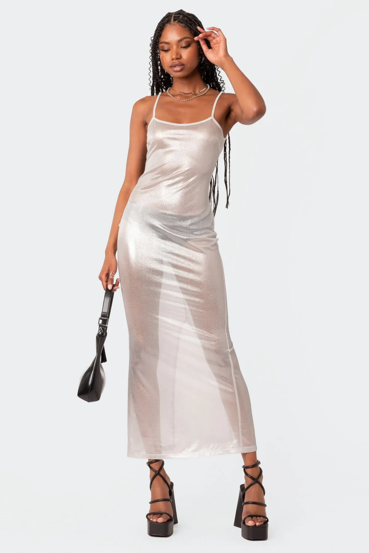 Nyla Sheer Glittery Back Slit Maxi Dress sold by Edikted