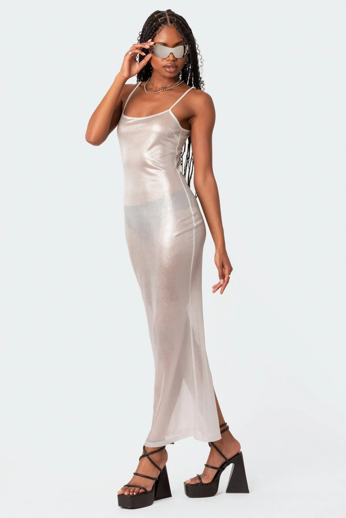 Nyla Sheer Glittery Back Slit Maxi Dress sold by Edikted product image thumbnail 4