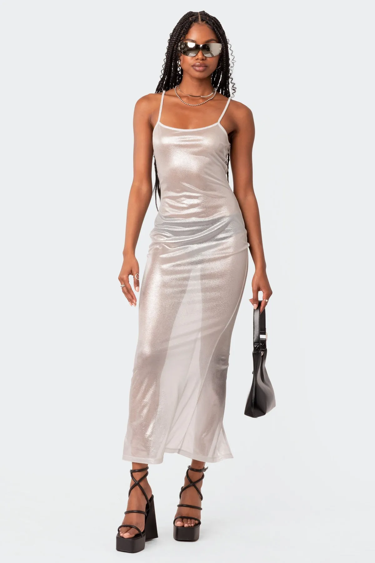 Nyla Sheer Glittery Back Slit Maxi Dress sold by Edikted product image thumbnail 2
