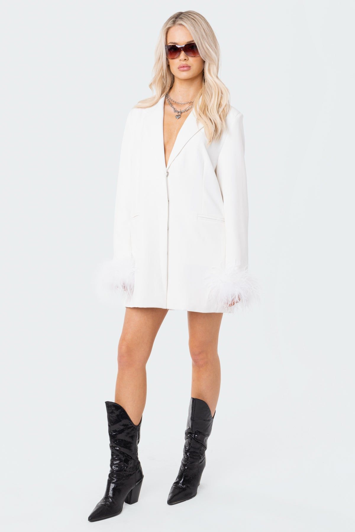 Feather Cuff Blazer Dress sold by Edikted