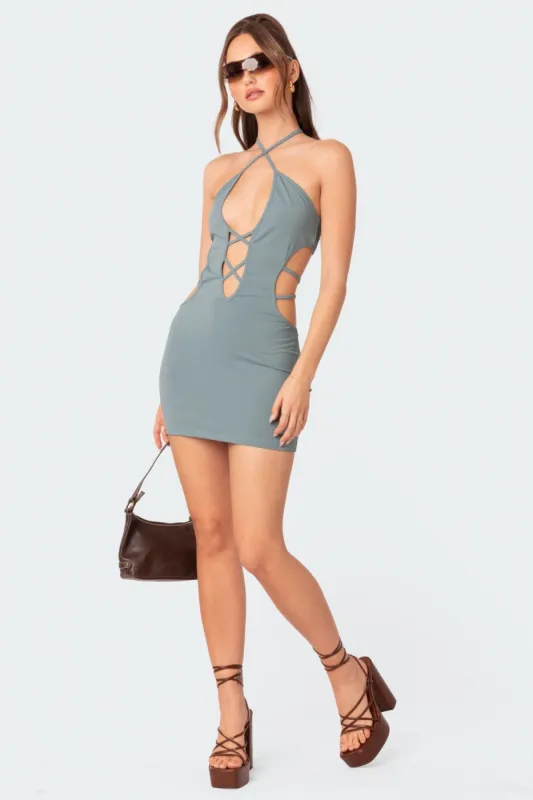 Strappy Cut Out Halter Mini Dress sold by Edikted
